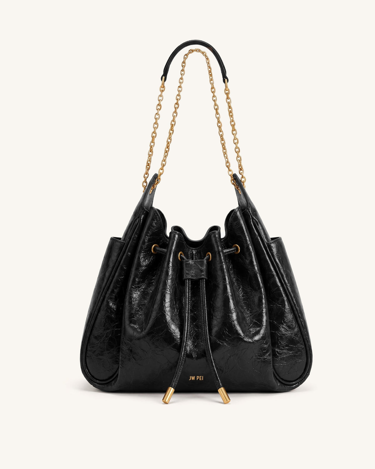 JW PEI Rowan Ruched Drawstring Chain Bucket Bag - Jet Black