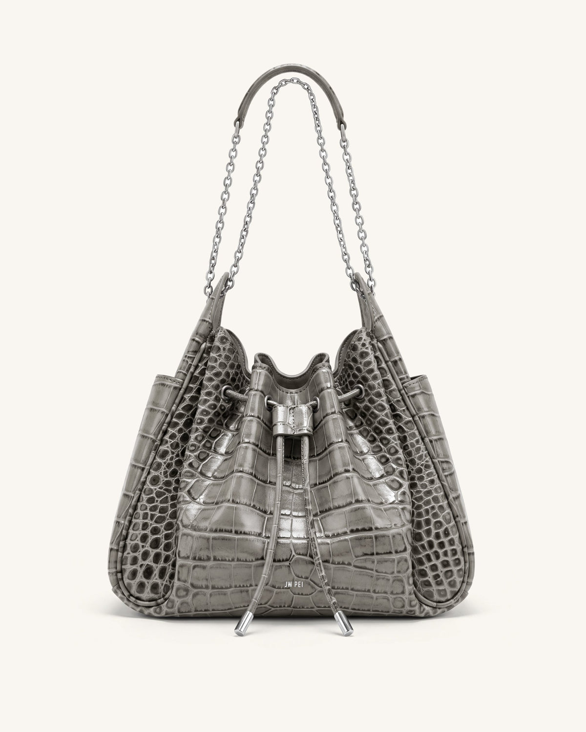 JW PEI Rowan Ruched Drawstring Chain Bucket Bag - Grey Croc