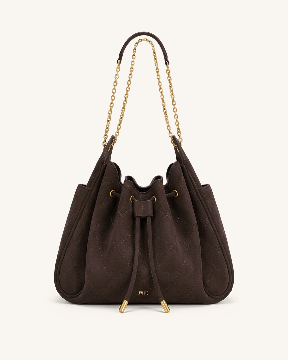 JW PEI Rowan Ruched Drawstring Chain Bucket Bag - Faux Suede Quilted - Dark Brown