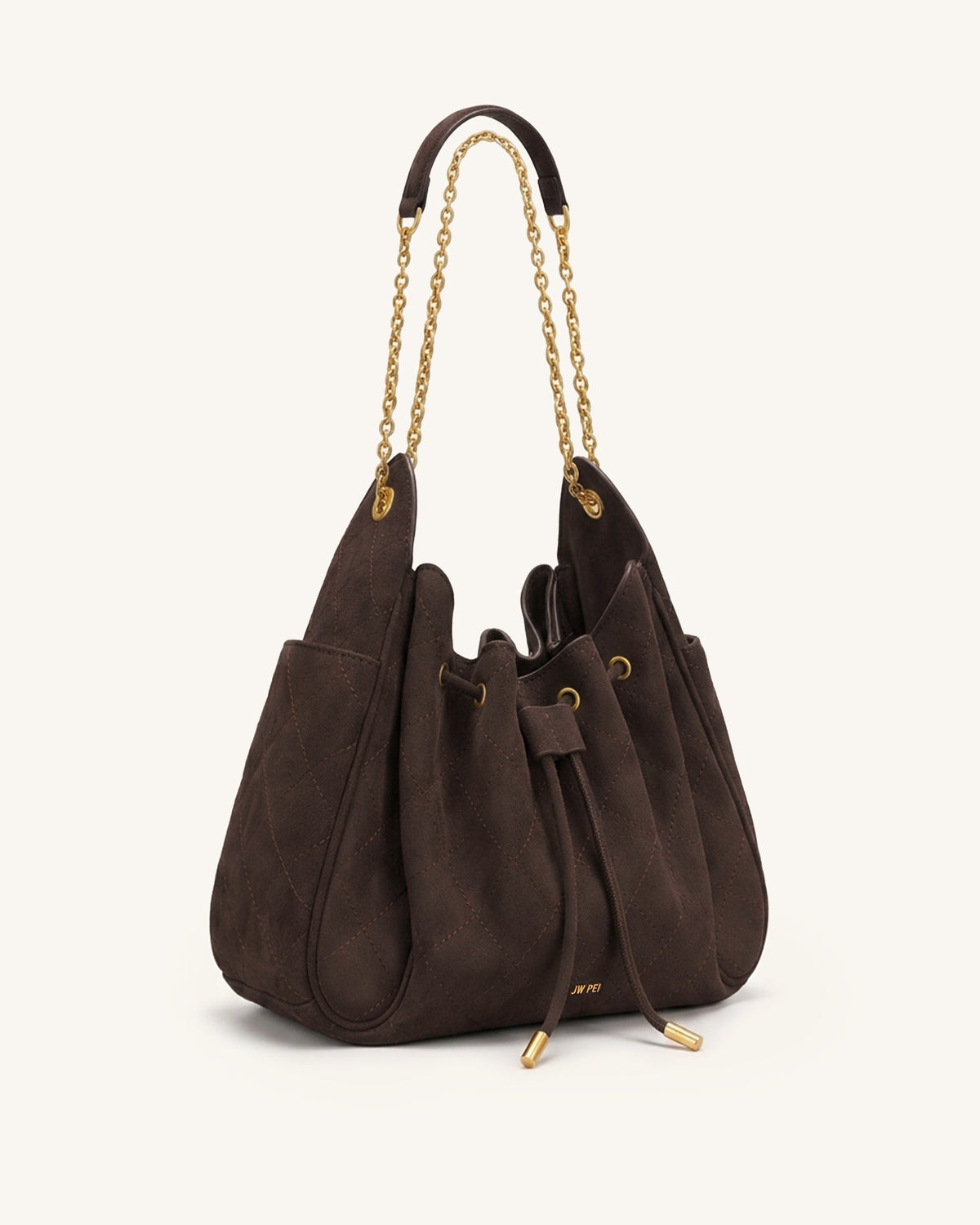 JW PEI Rowan Ruched Drawstring Chain Bucket Bag - Faux Suede Quilted - Dark Brown side