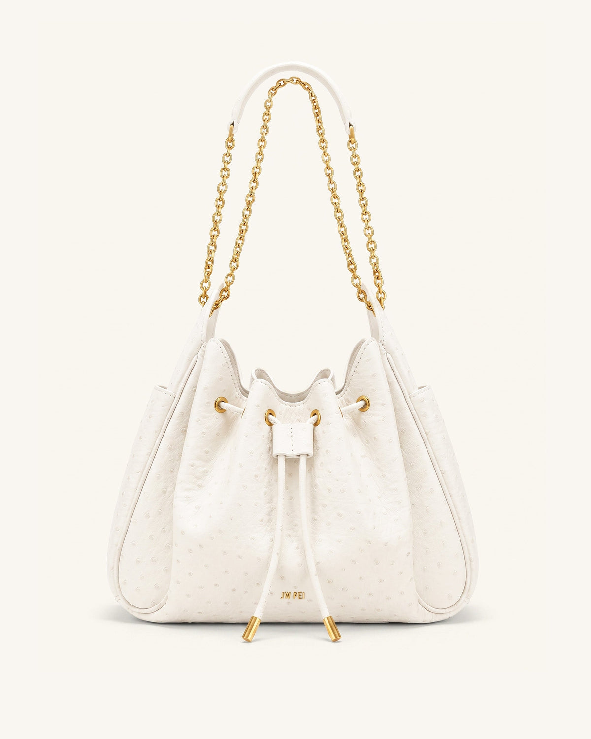 JW PEI Rowan Ruched Drawstring Chain Bucket Bag - Ostrich Grain - Cream White