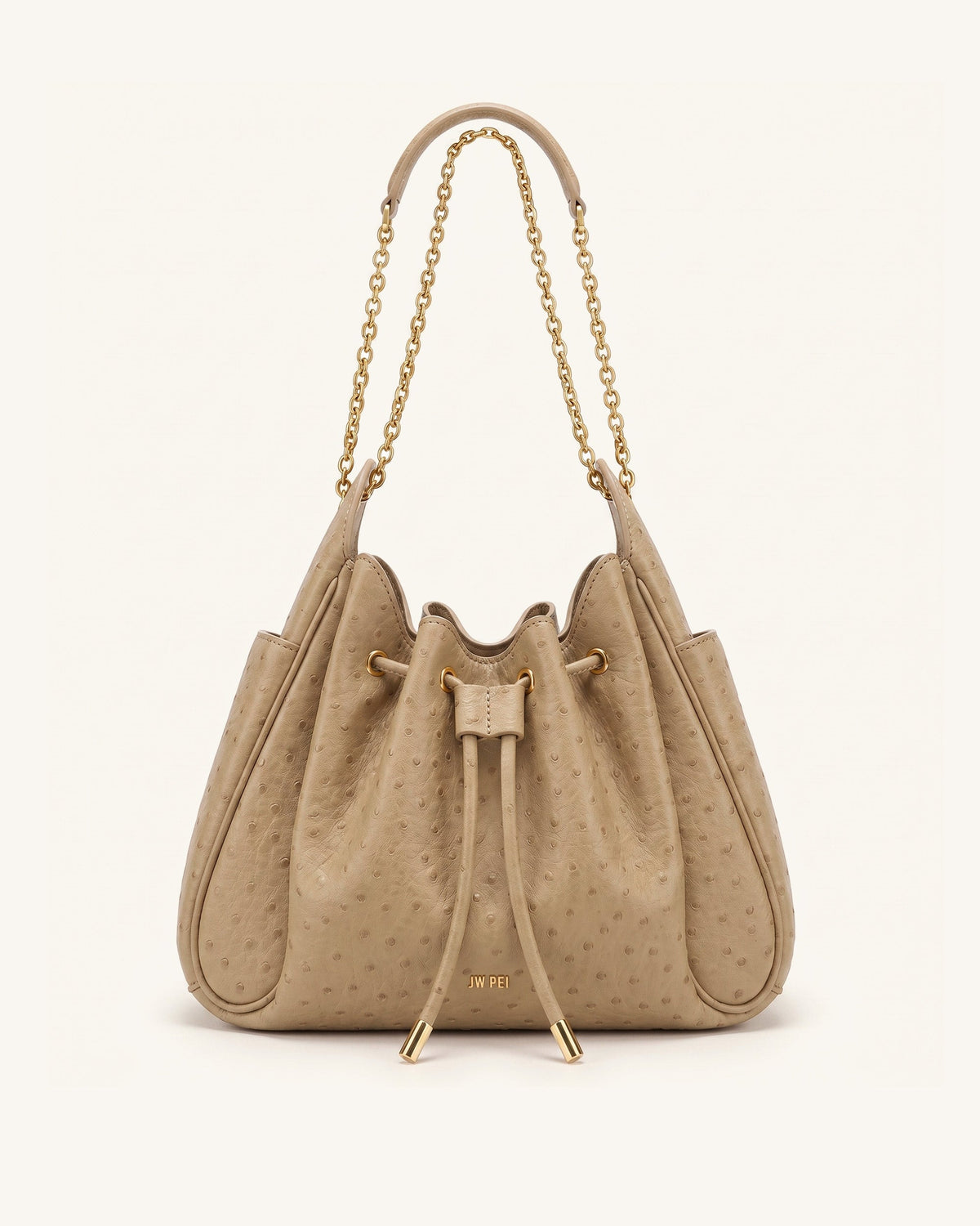 JW PEI Rowan Ruched Drawstring Chain Bucket Bag - Ostrich Grain - Oak Brown