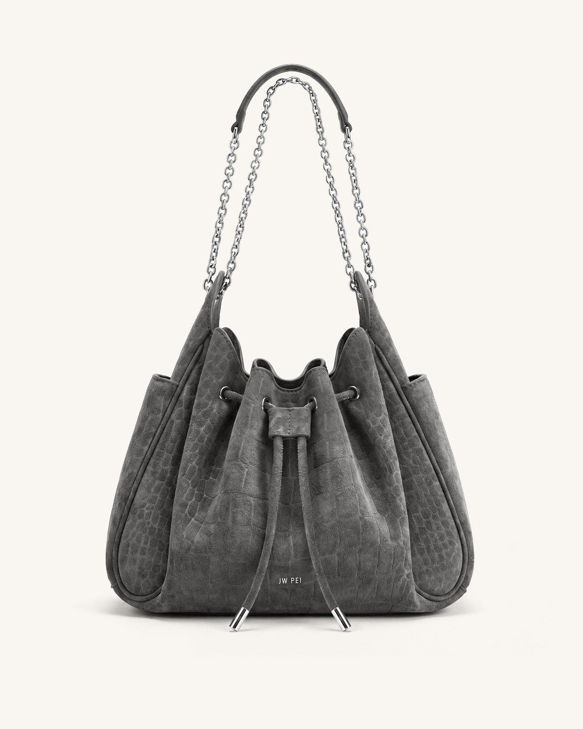 JW PEI Rowan Ruched Drawstring Chain Bucket Bag - Faux Suede Croc - Smog Gray
