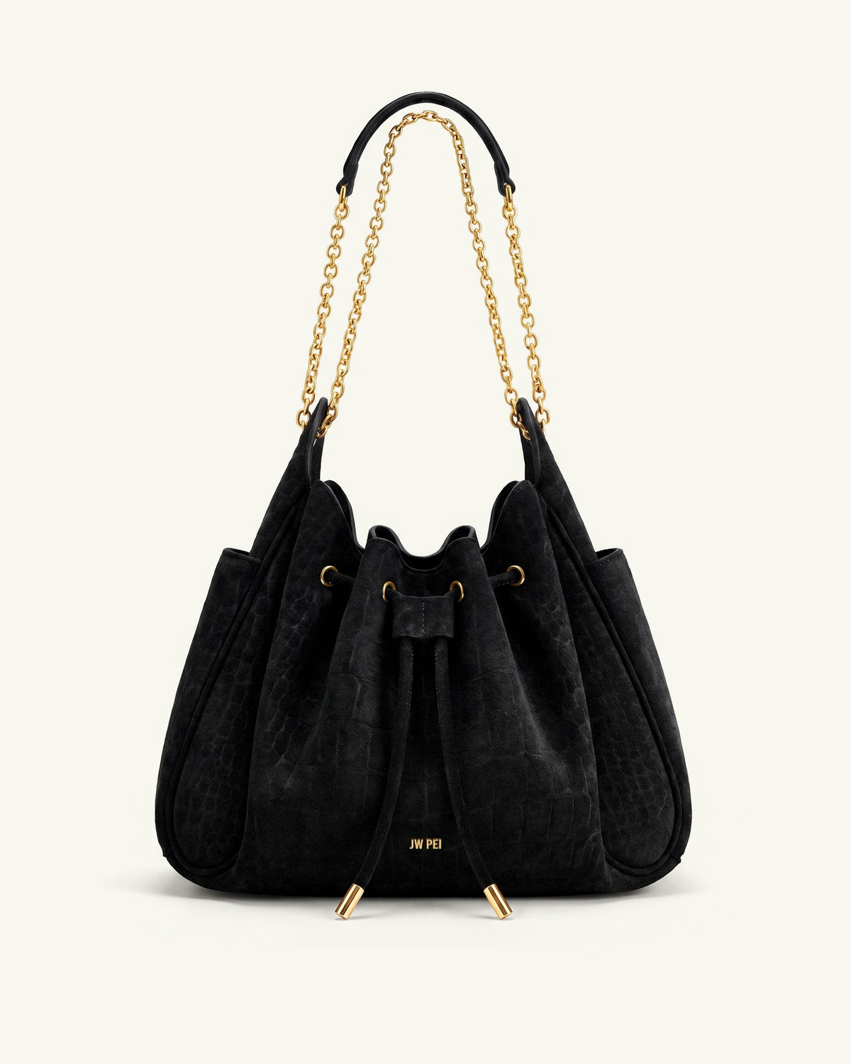JW PEI Rowan Ruched Drawstring Chain Bucket Bag - Faux Suede Croc - Cool Black