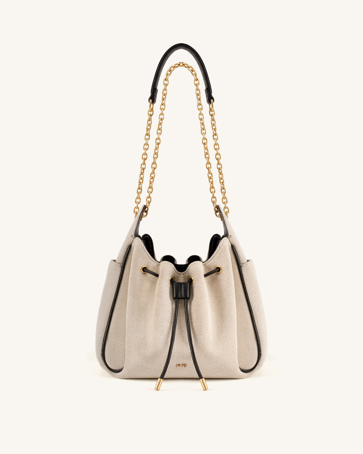 JW PEI Rowan Ruched Drawstring Chain Bucket Bag - Black Canvas