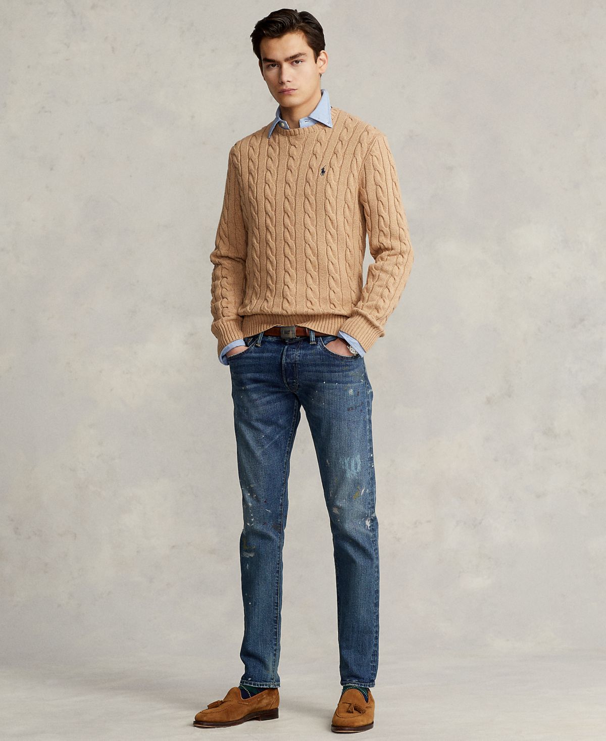 Ralph Lauren Men's Cable-Knit Cotton Sweater - Camel Melange