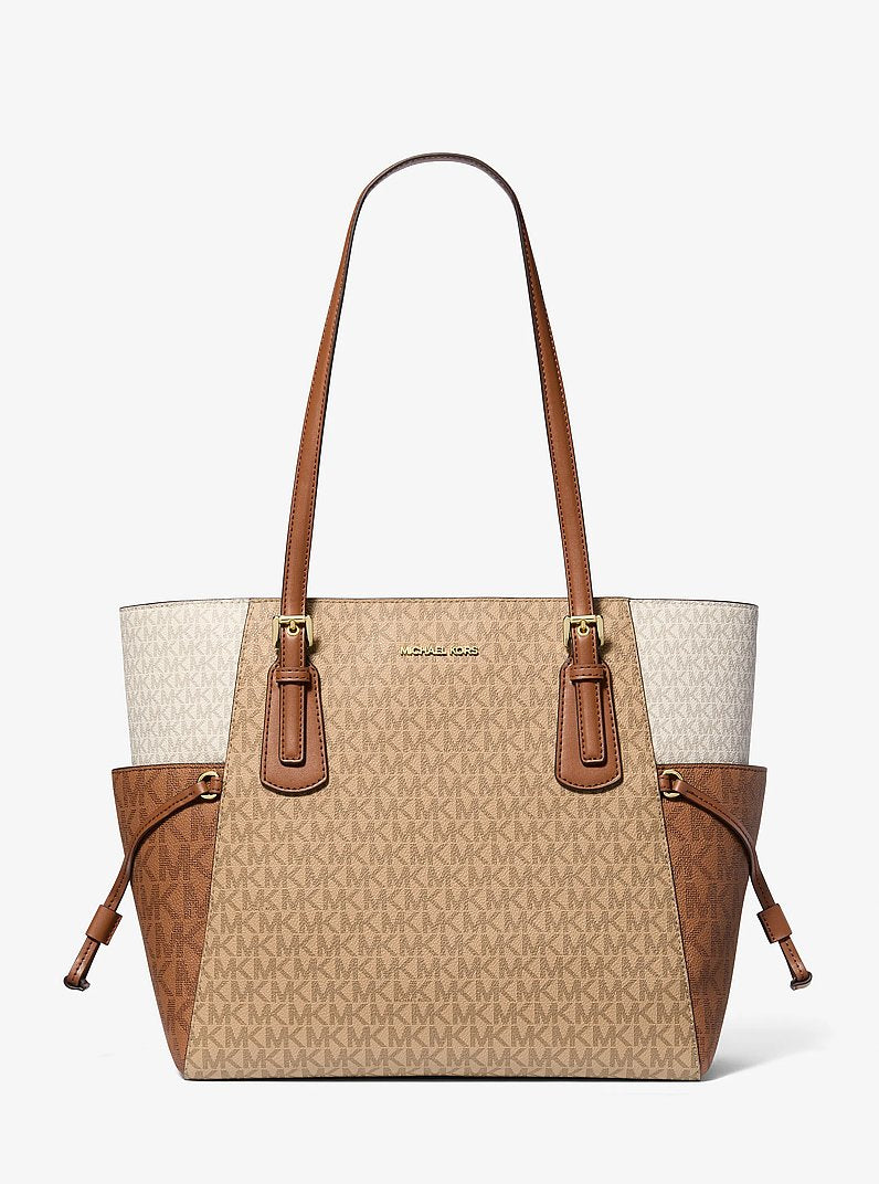 Michael Kors Voyager Large Color-Block Signature Logo Tote Bag - Camel Multi