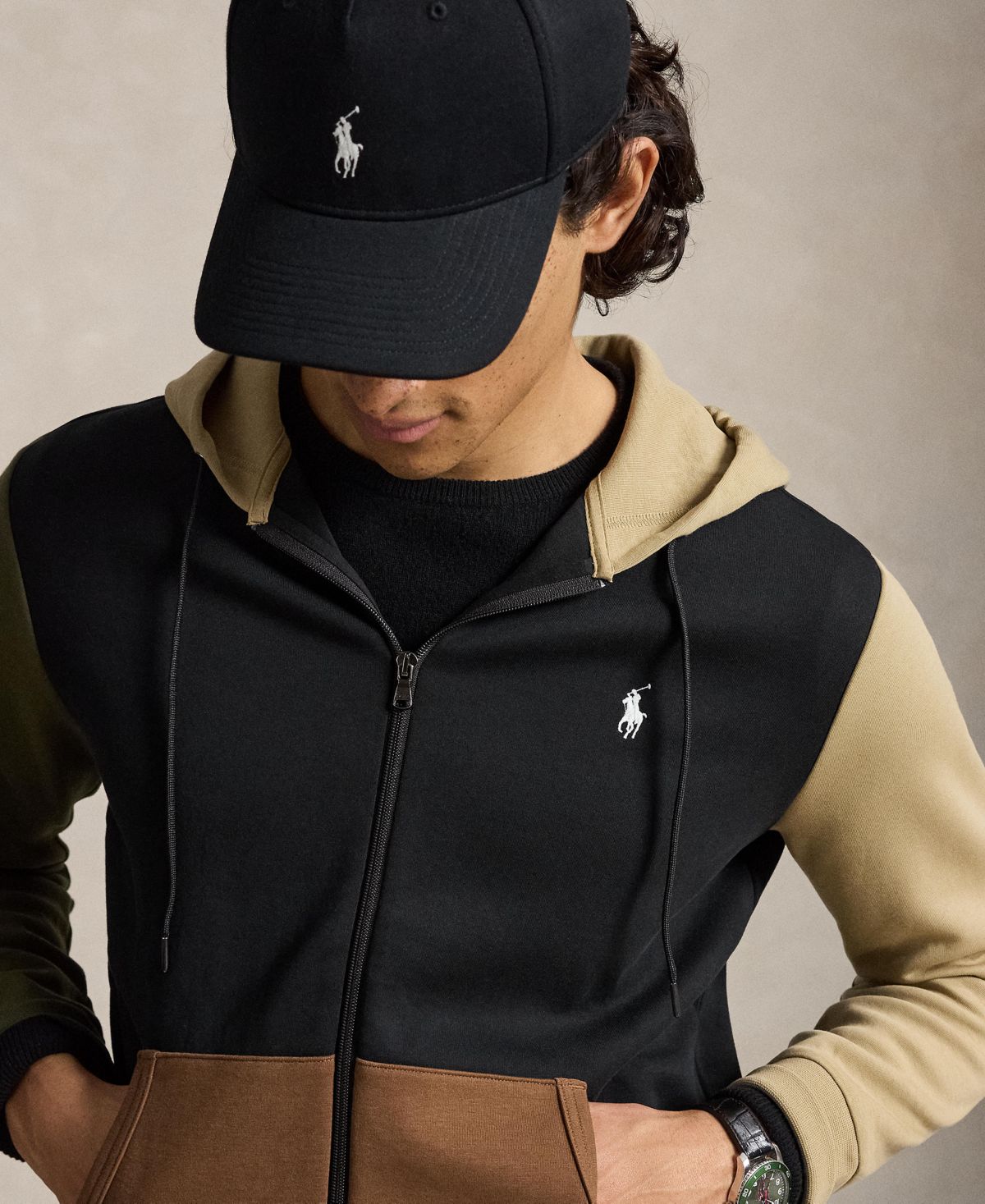 Ralph Lauren Men's Double-Knit Full-Zip Hoodie - Black/Tan