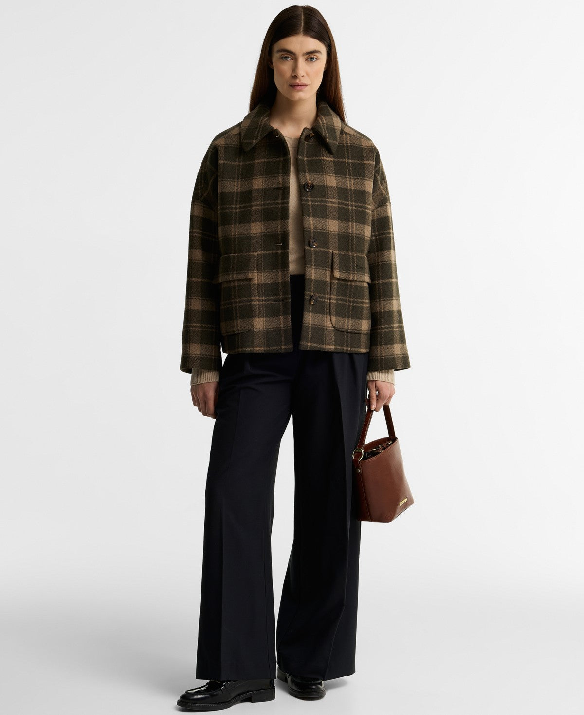 Barbour Women's Myla Check Wool-Blend Lined Coat – Olive/Biscuit Check