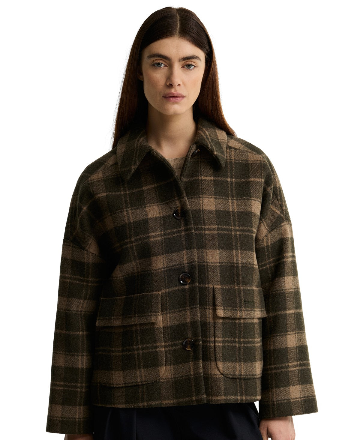 Barbour Women's Myla Check Wool-Blend Lined Coat – Olive/Biscuit Check