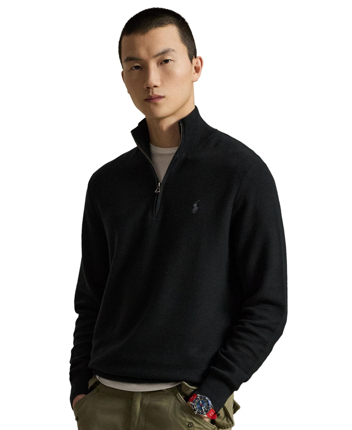 Ralph Lauren Men's Mesh-Knit Cotton Quarter-Zip Sweater - Polo Black