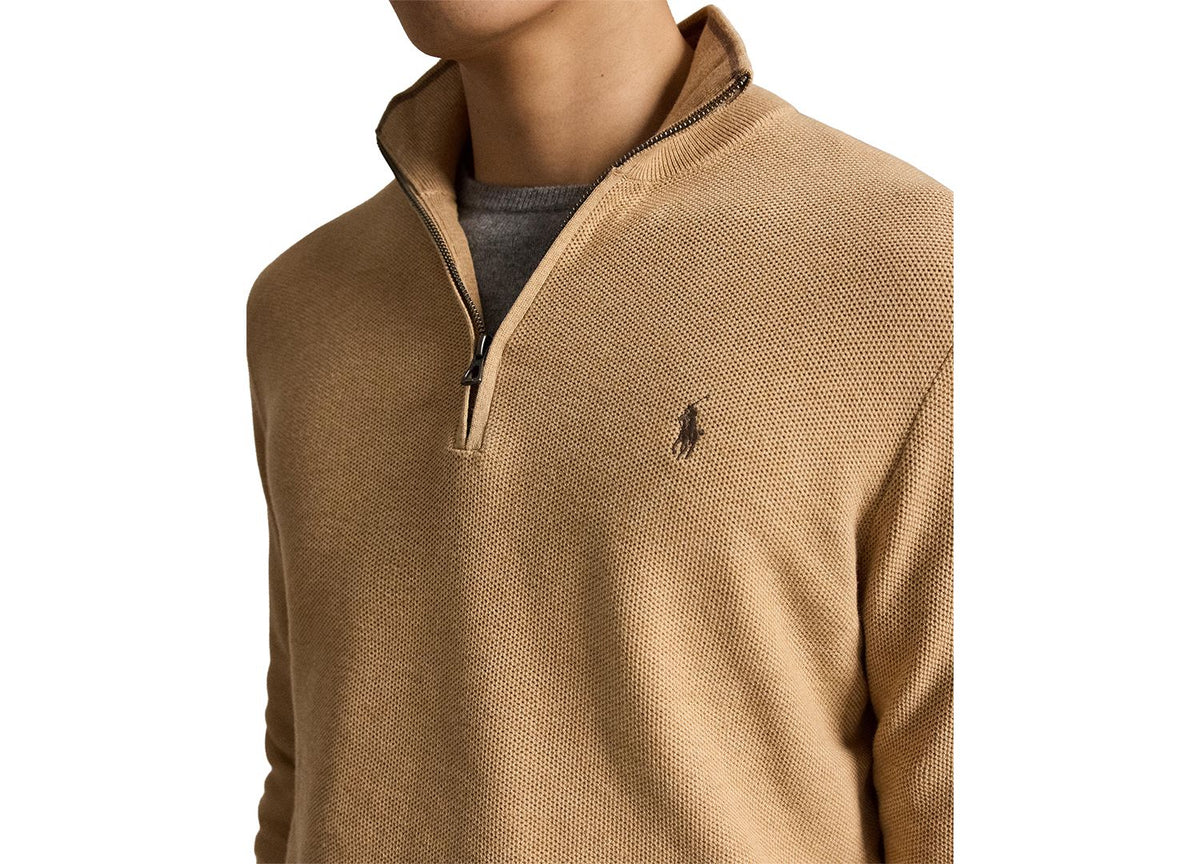 Ralph Lauren Men's Mesh-Knit Cotton Quarter-Zip Sweater - Camel Melange