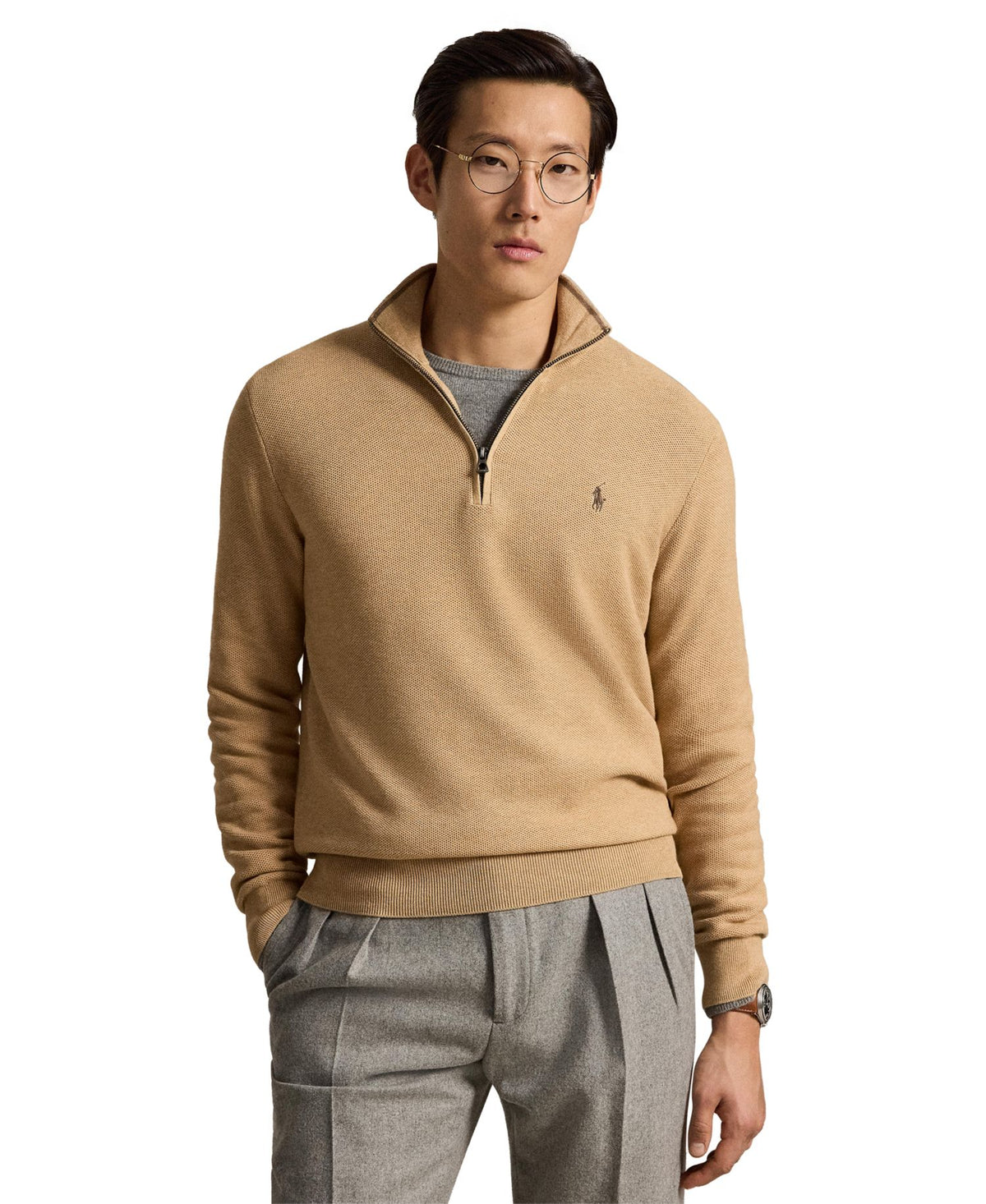 Ralph Lauren Men's Mesh-Knit Cotton Quarter-Zip Sweater - Camel Melange
