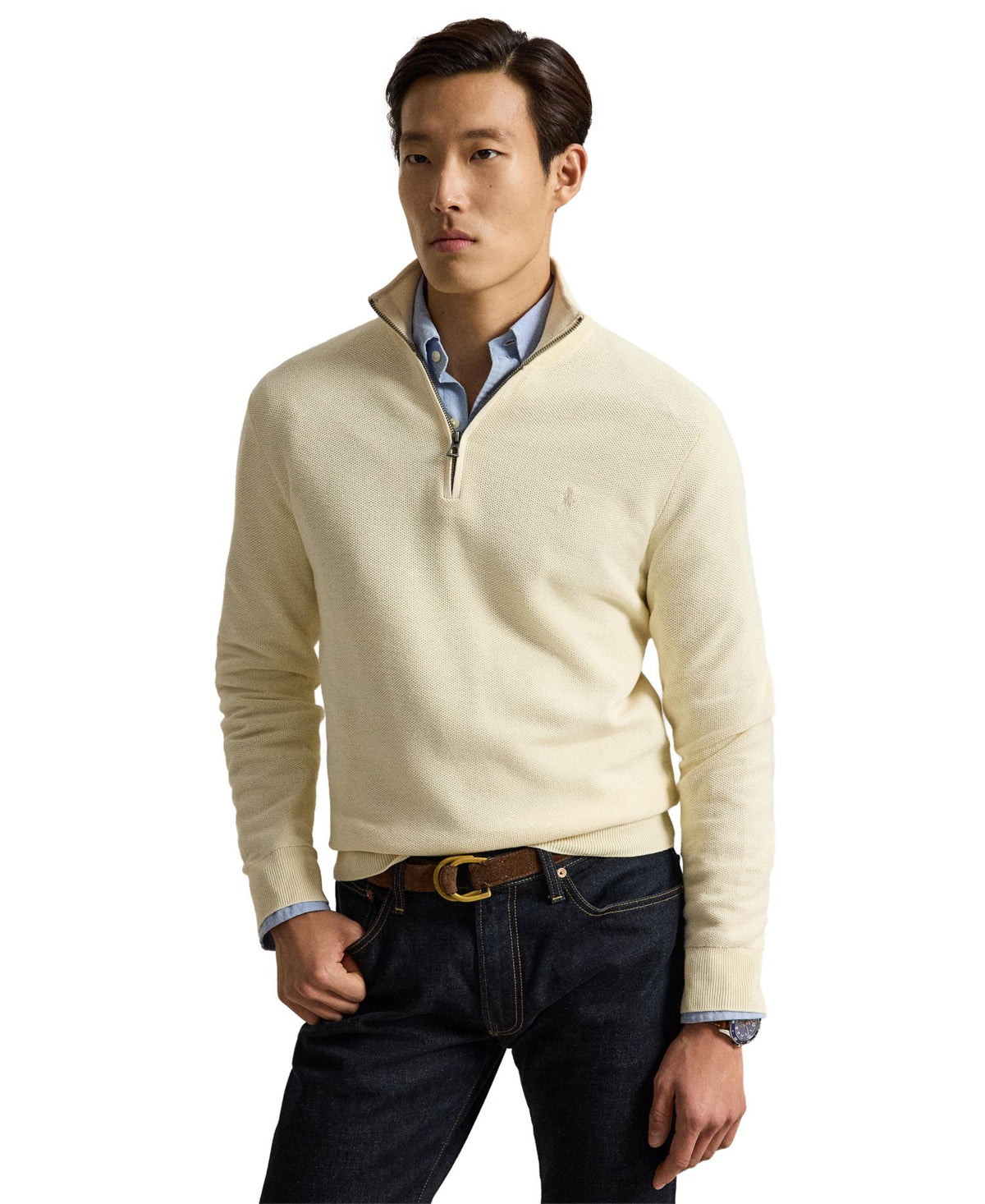 Ralph Lauren Men's Mesh-Knit Cotton Quarter-Zip Sweater - Andover Cream