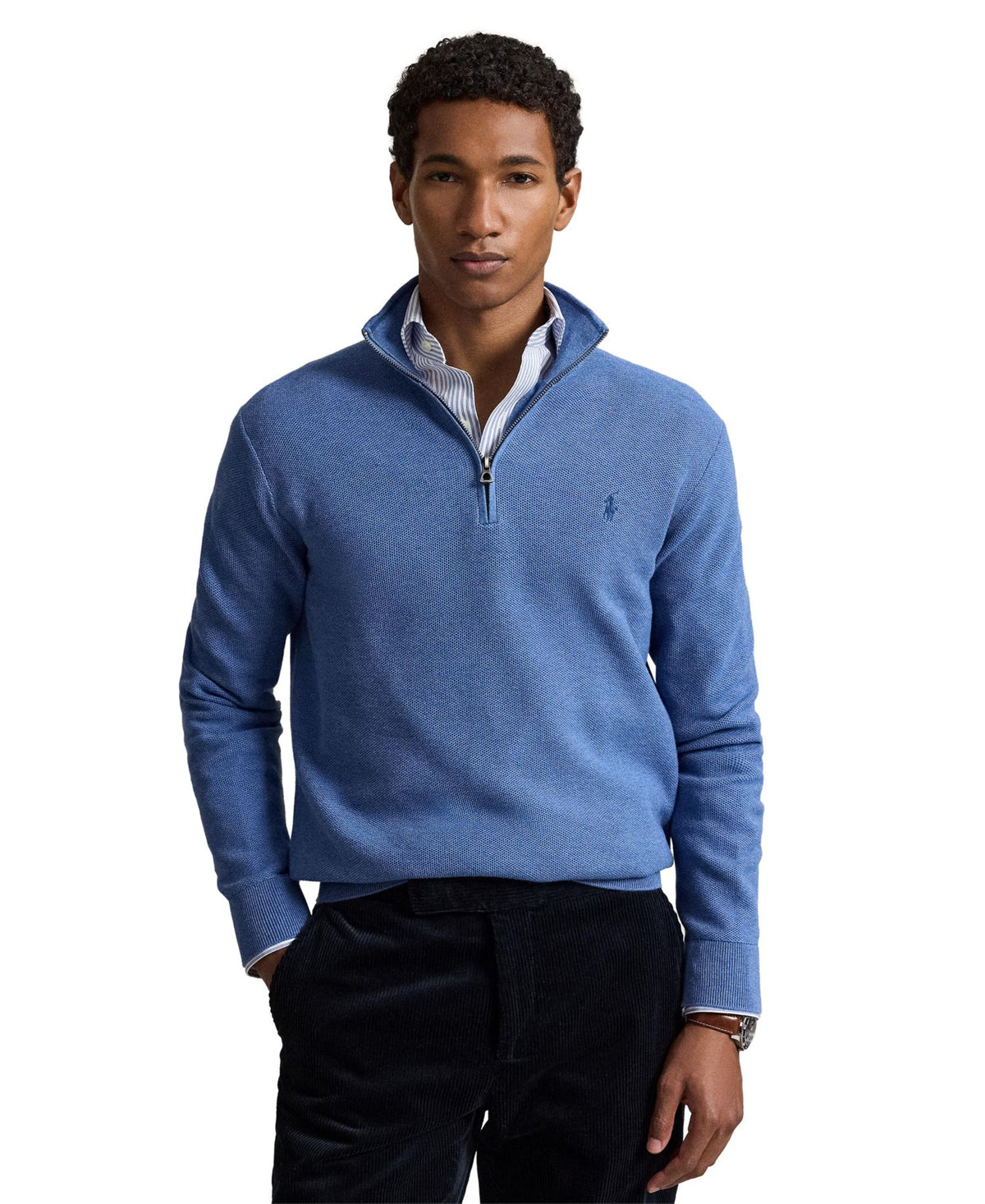 Ralph Lauren Men's Mesh-Knit Cotton Quarter-Zip Sweater - Blue Borage Heather