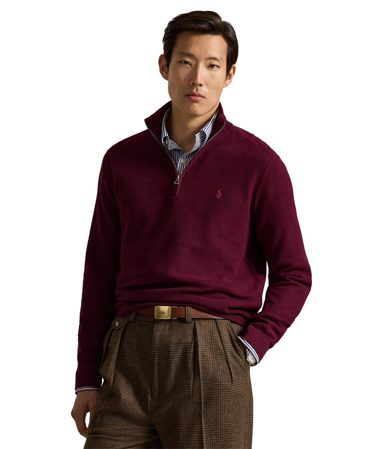 Ralph Lauren Men's Mesh-Knit Cotton Quarter-Zip Sweater - Merlot Wine Heather