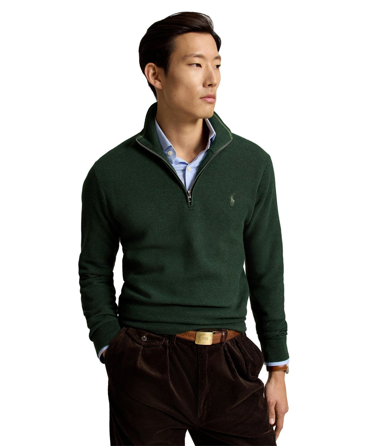 Ralph Lauren Men's Mesh-Knit Cotton Quarter-Zip Sweater - Lodgepole Pine Heather