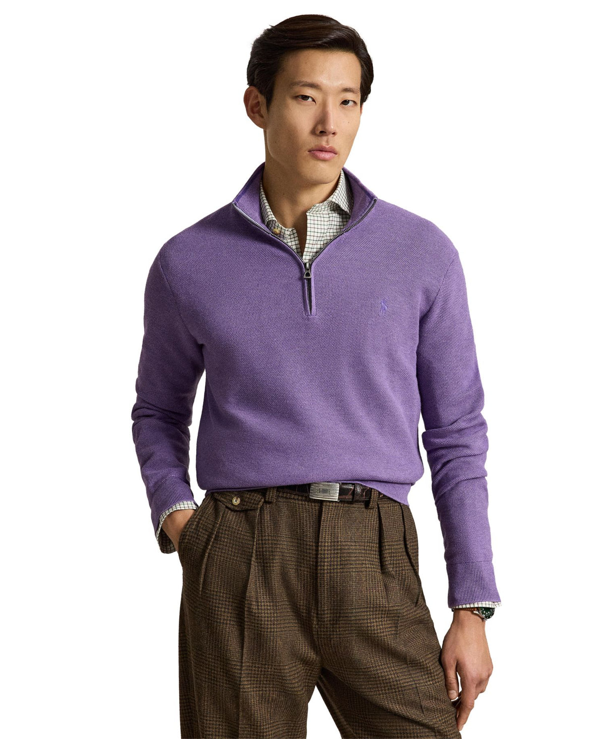 Ralph Lauren Men's Mesh-Knit Cotton Quarter-Zip Sweater - Light Coronet Purple Heather