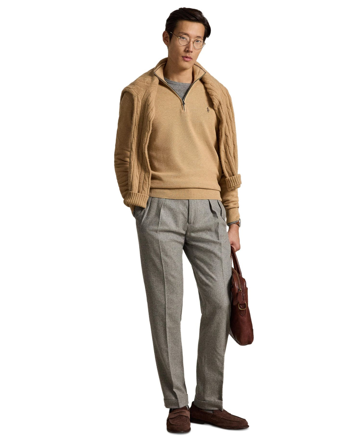 Ralph Lauren Men's Mesh-Knit Cotton Quarter-Zip Sweater - Camel Melange