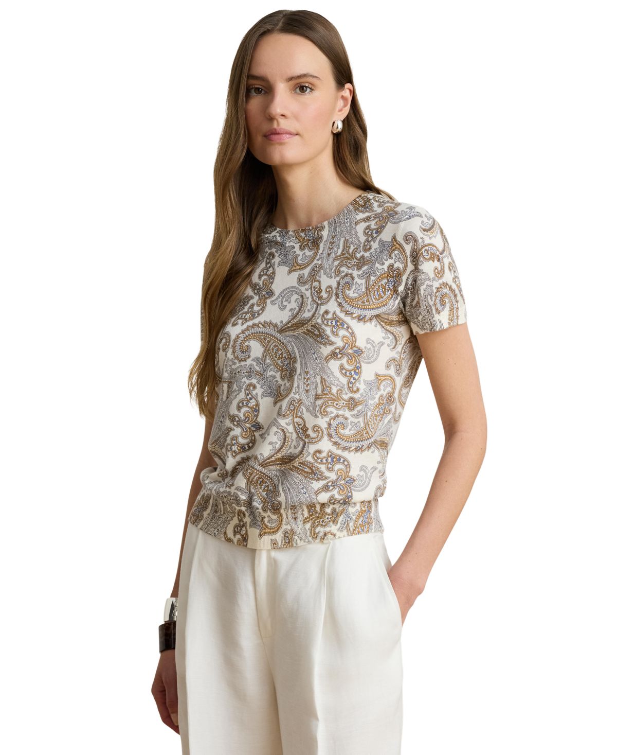 Ralph Lauren Women's Paisley Short-Sleeve Sweater - Cream Multi