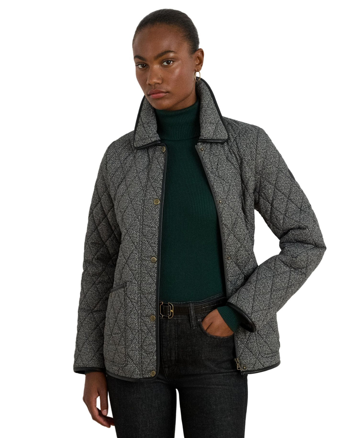 Ralph Lauren Women's Quilted Velboa-Lined Jacket - Black Cream Herringbone