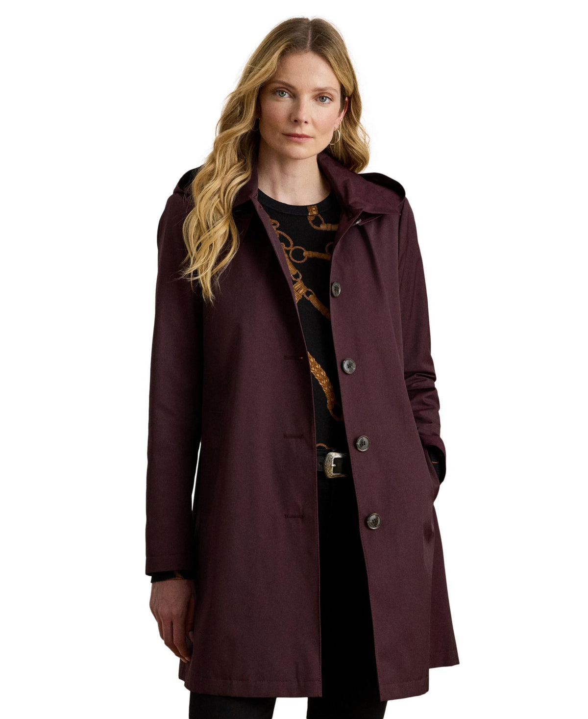 Ralph Lauren Women's Hooded Water-Resistant A-Line Raincoat - Pinot Noir