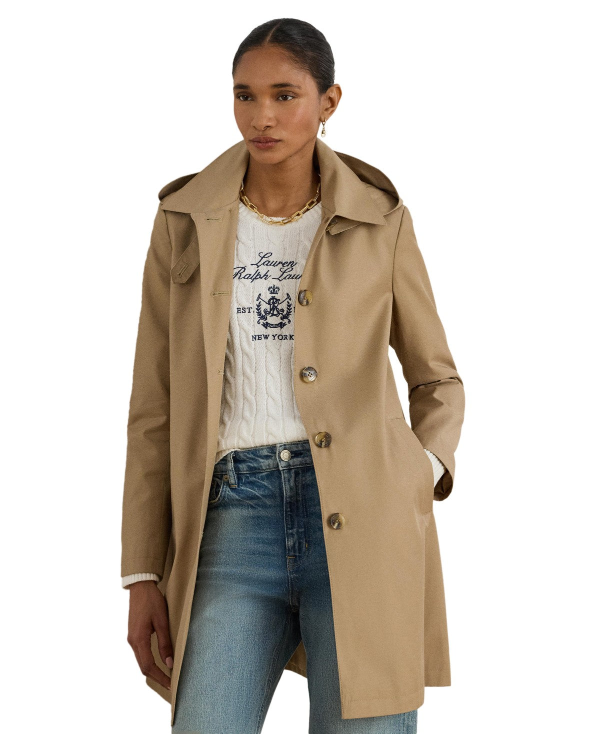 Ralph Lauren Women's Hooded Water-Resistant A-Line Raincoat - Sand