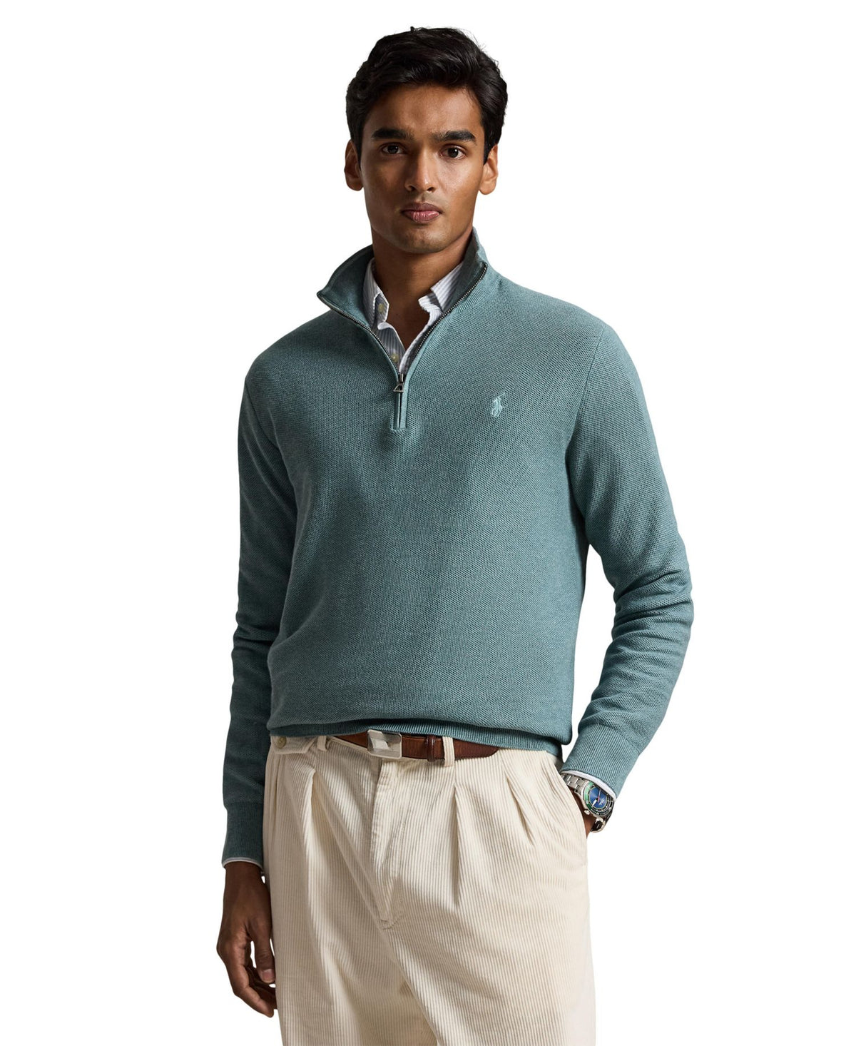 Ralph Lauren Men's Mesh-Knit Cotton Quarter-Zip Sweater - Turquoise Jay Heather