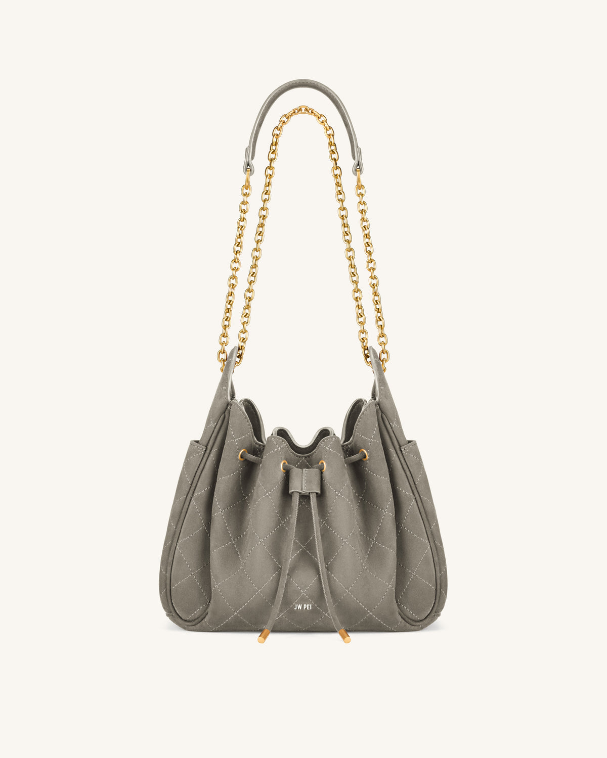 JW PEI Rowan Ruched Drawstring Chain Bucket Bag - Faux Suede Quilted - Gray