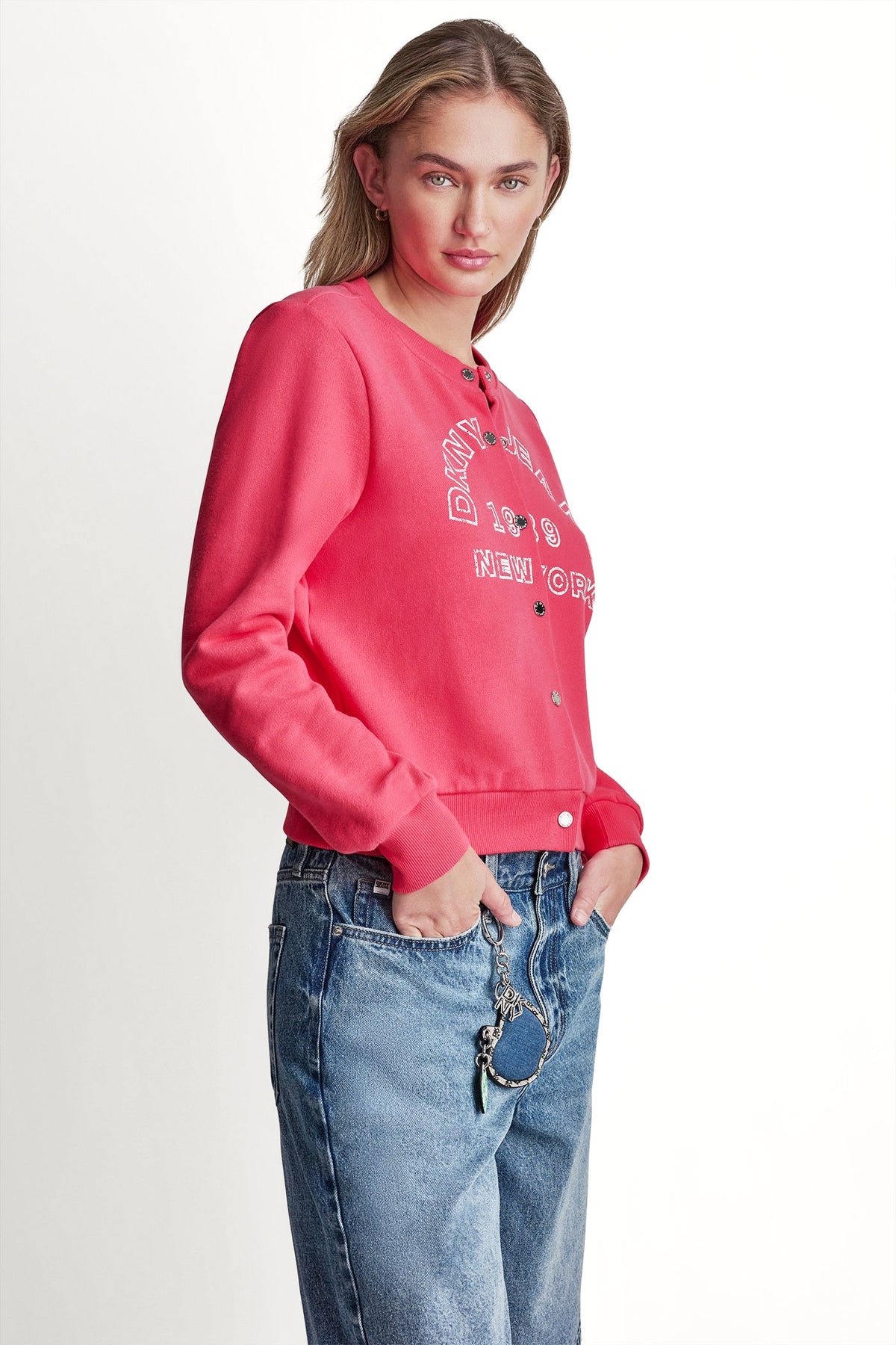 DKNY Women's Button Front Shrunken Logo Jacket