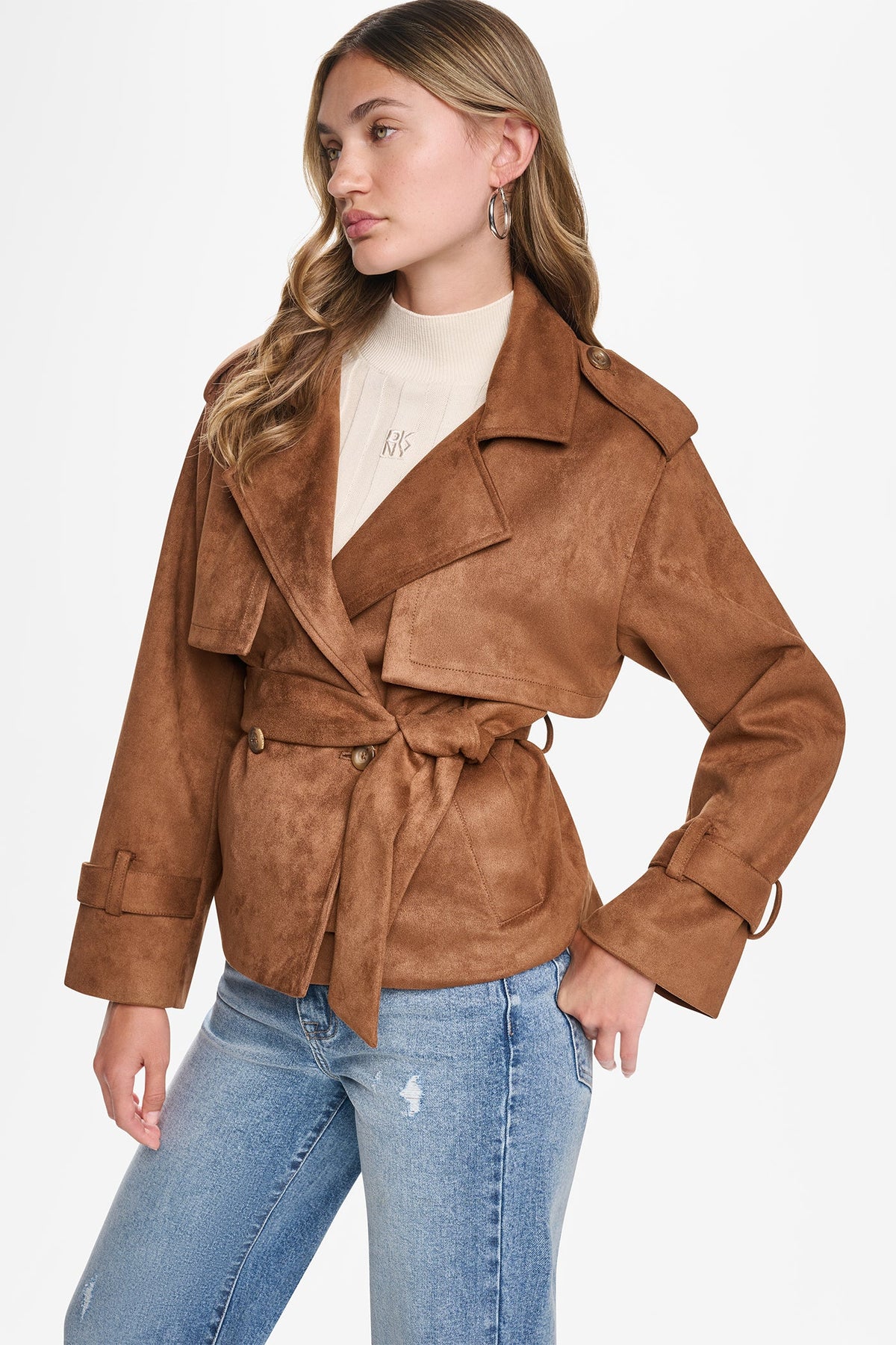 DKNY Faux Suede Short Trench Burnt Sugar