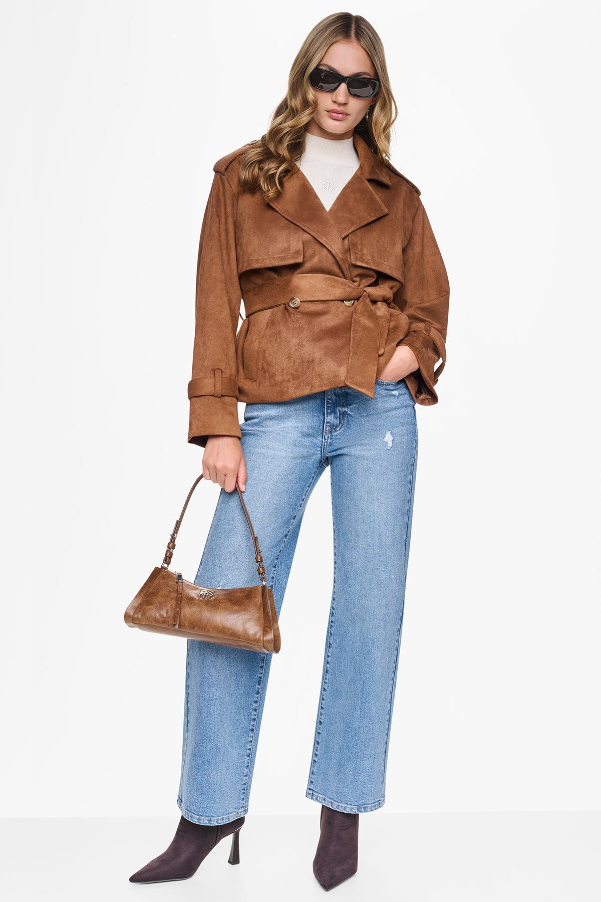 DKNY Faux Suede Short Trench Burnt Sugar