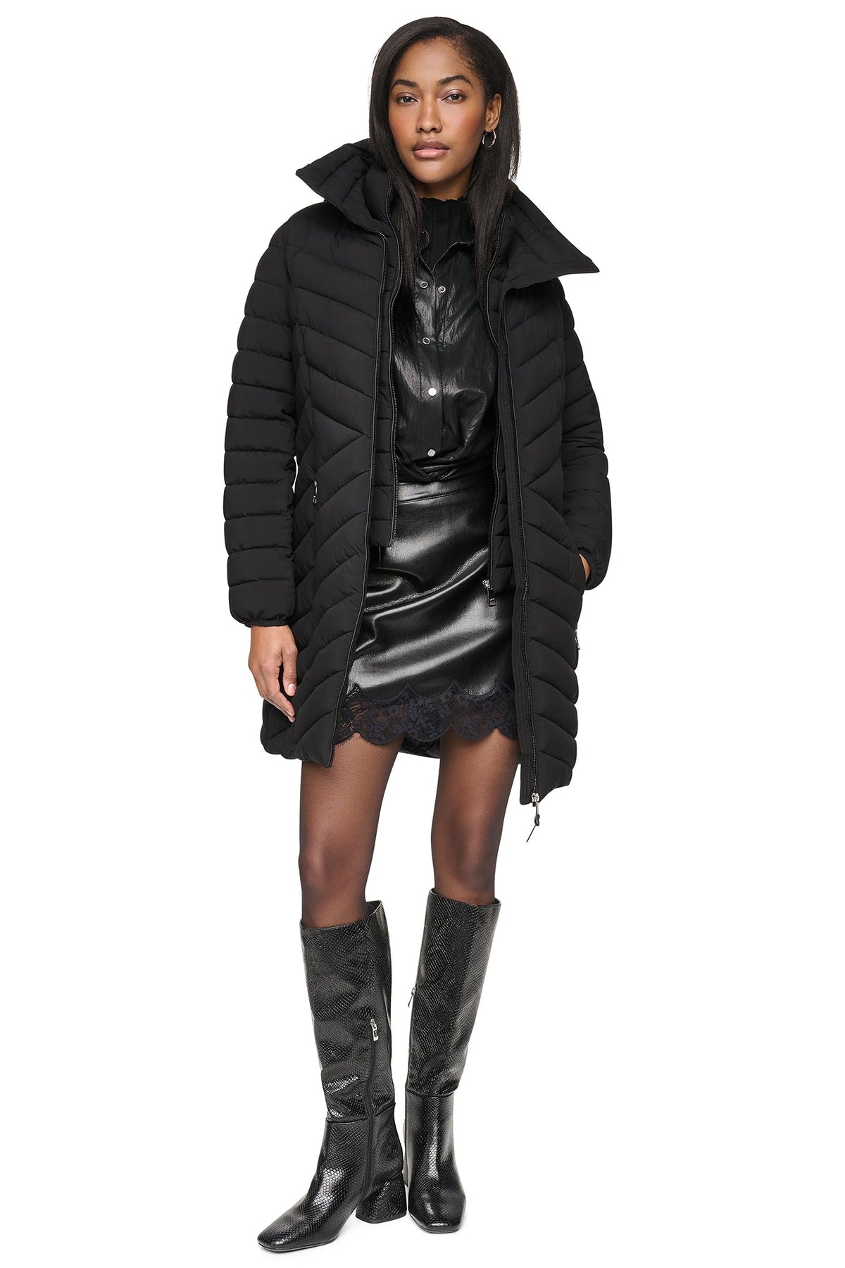 DKNY Hooded Stand Collar Puffer Black