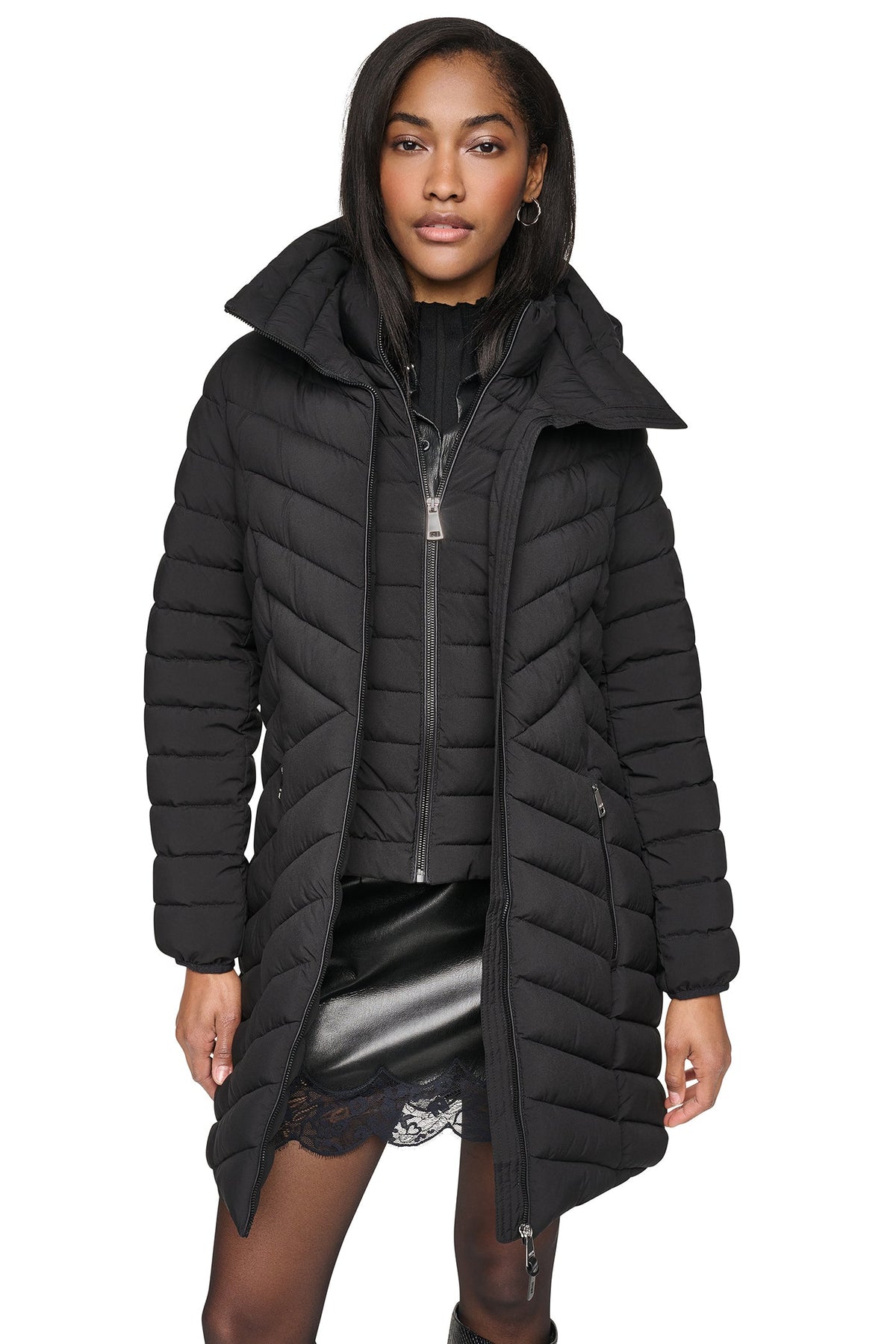 DKNY Hooded Stand Collar Puffer Black
