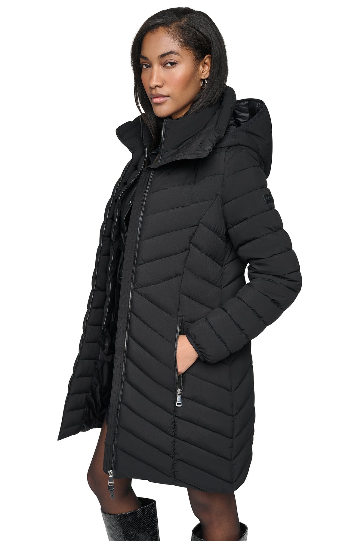 DKNY Hooded Stand Collar Puffer Black
