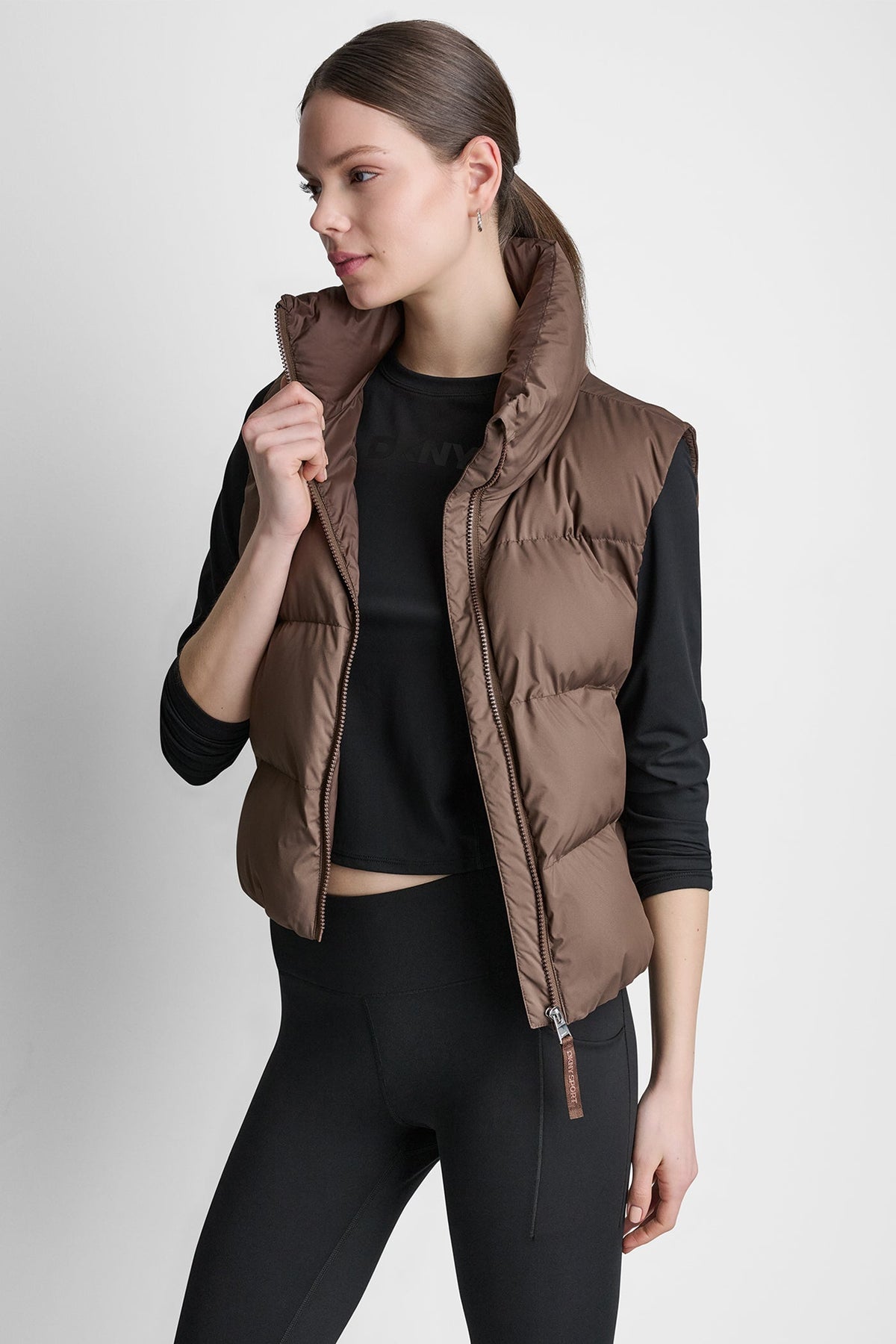 DKNY Women's Mock Neck Puffer Vest - Chestnut - View 1