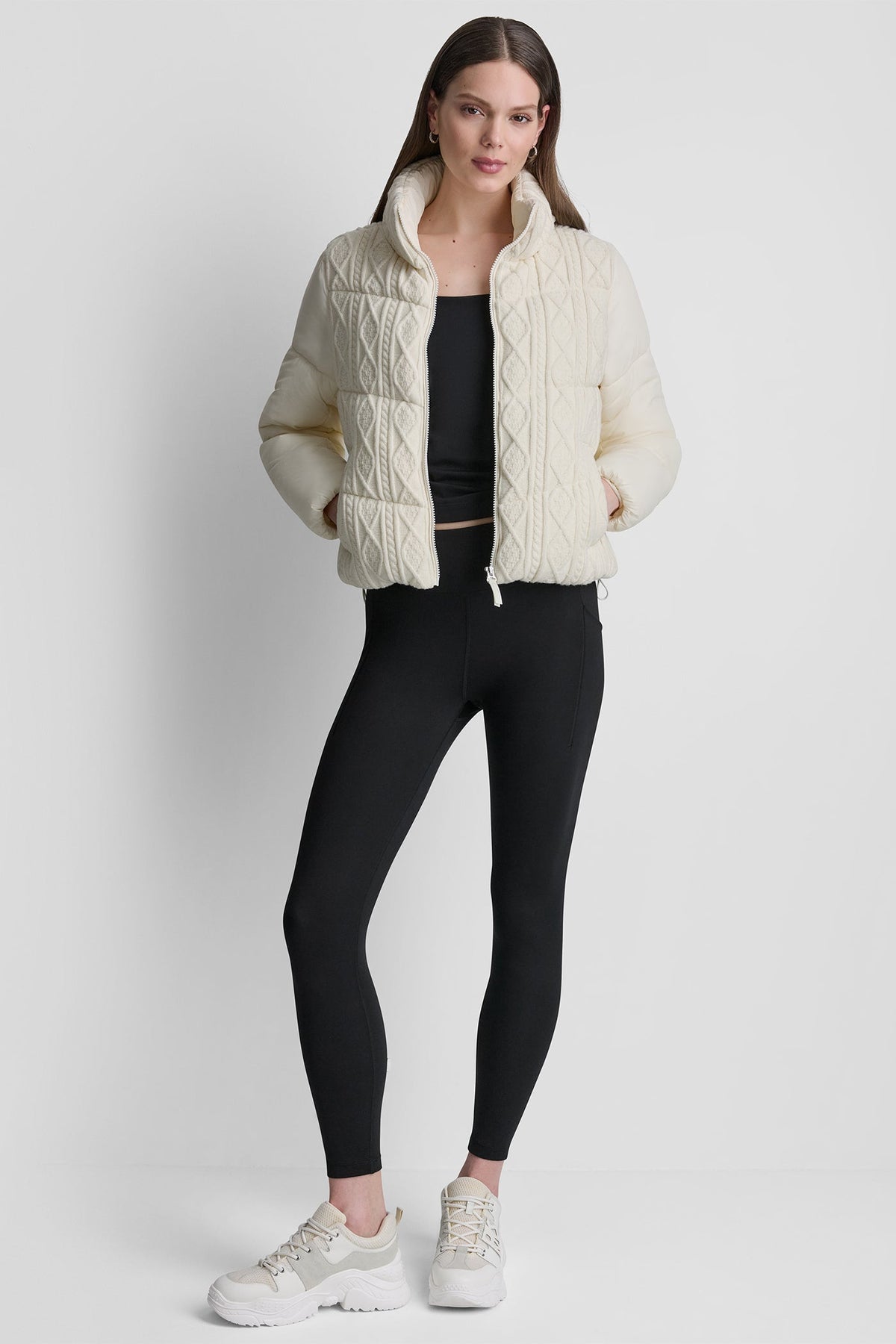 DKNY Cable Knit Mock Neck Puffer Eggnog