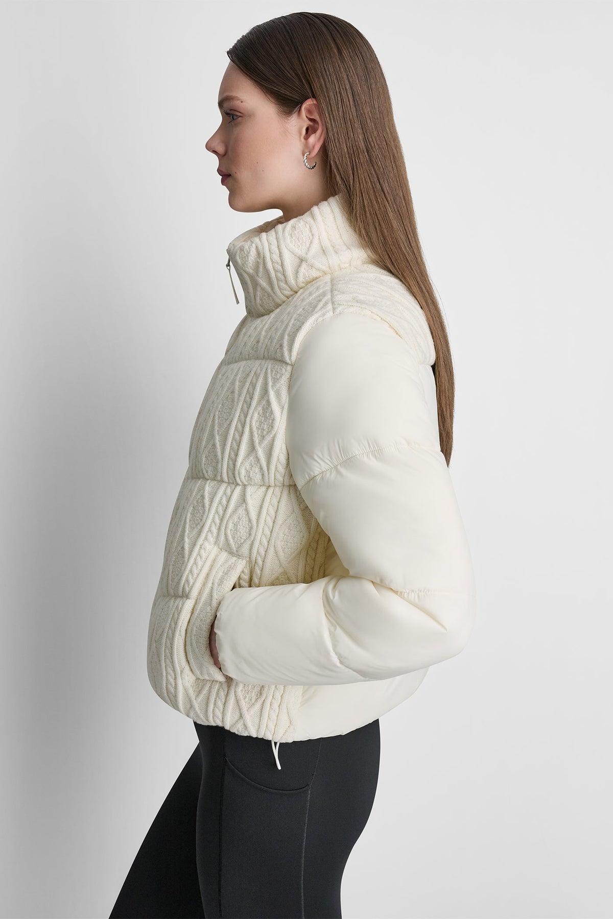 DKNY Cable Knit Mock Neck Puffer Eggnog