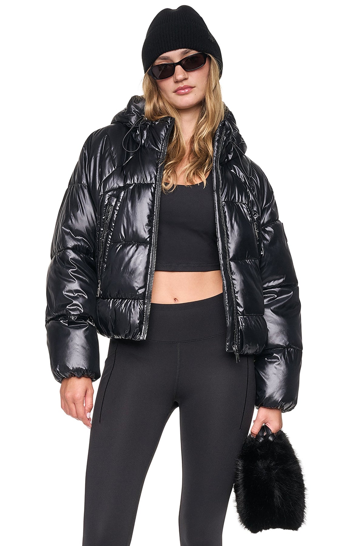 DKNY Women's Short Hooded Puffer - Metallic Black - View 2