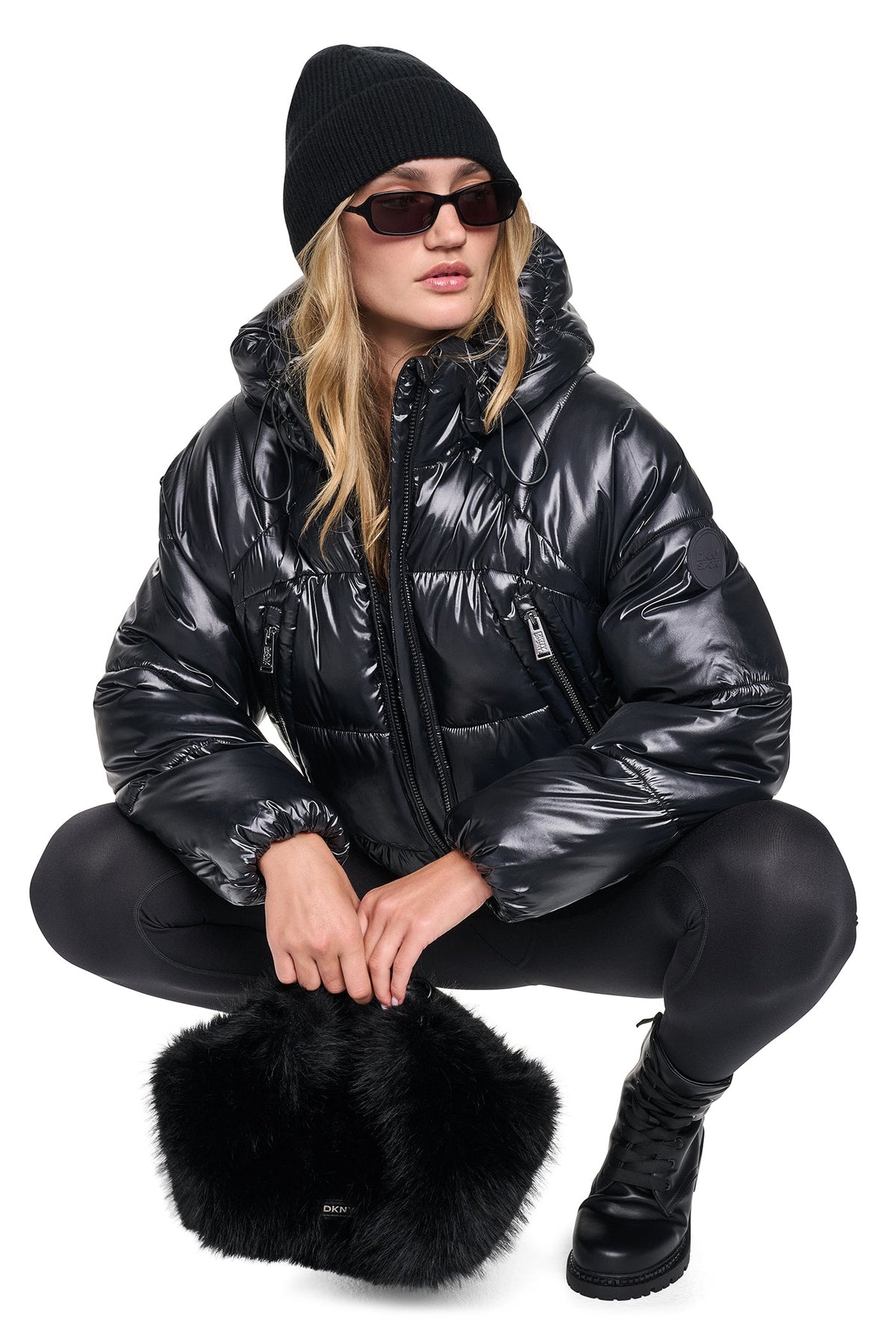 DKNY Women's Short Hooded Puffer - Metallic Black - View 12