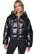 DKNY Women's Short Hooded Puffer - Metallic Black - View 1