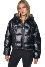 DKNY Women's Short Hooded Puffer - Metallic Black - View 1