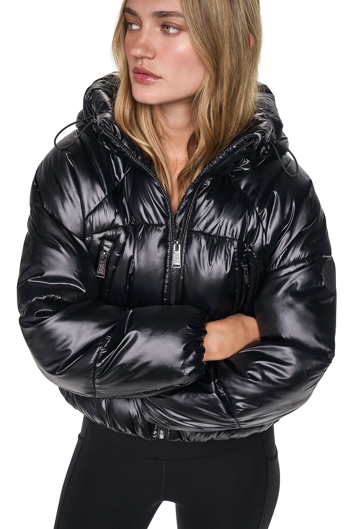 DKNY Women's Short Hooded Puffer - Metallic Black - View 3