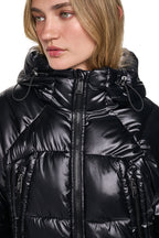 DKNY Women's Short Hooded Puffer - Metallic Black - View 9