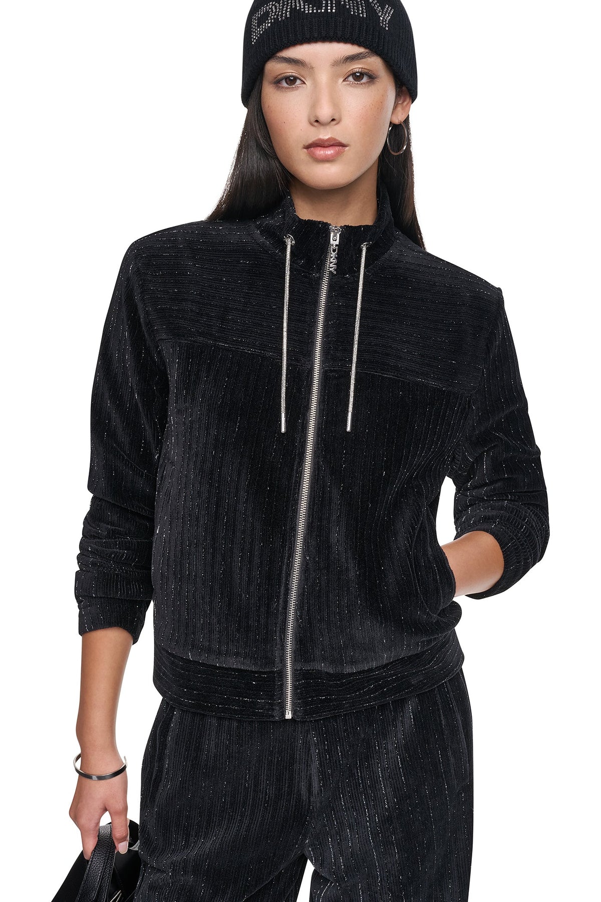 DKNY Women's Metallic Velvet Knit Jacket Black