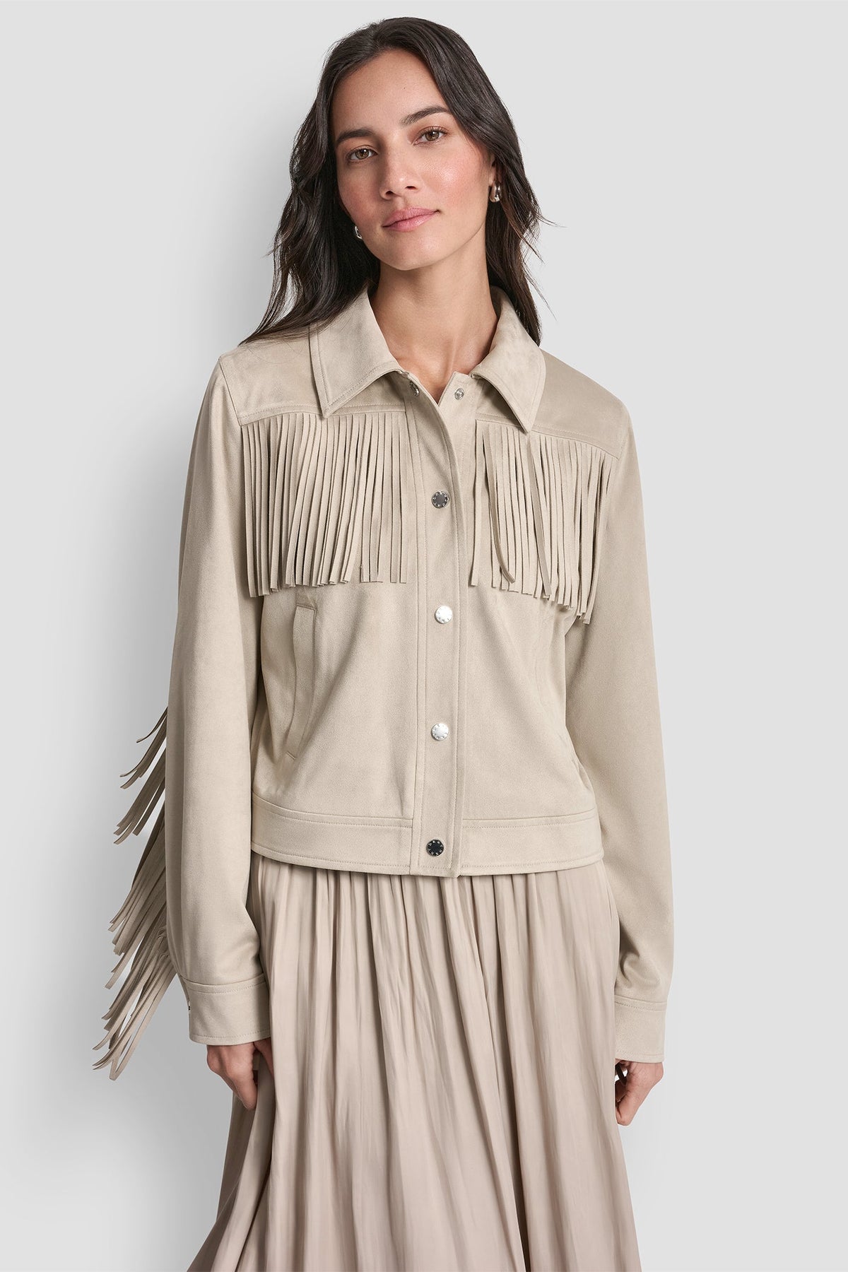 DKNY Women's Fringe Jacket Pebble