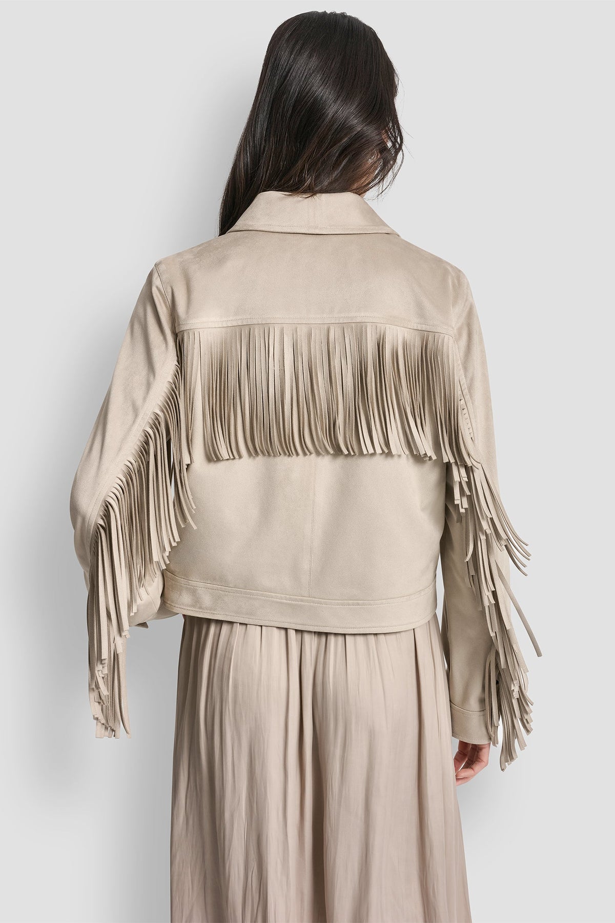 DKNY Women's Fringe Jacket Pebble