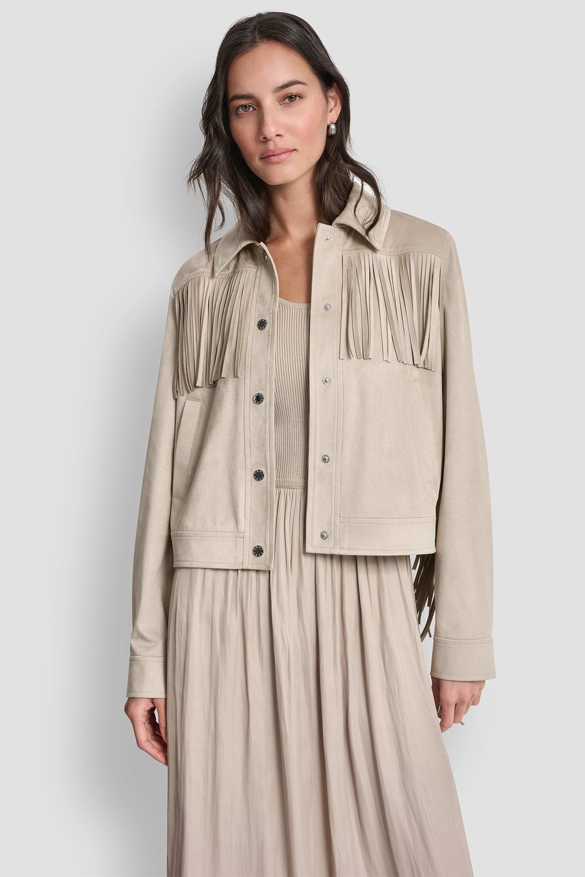 DKNY Women's Fringe Jacket Pebble