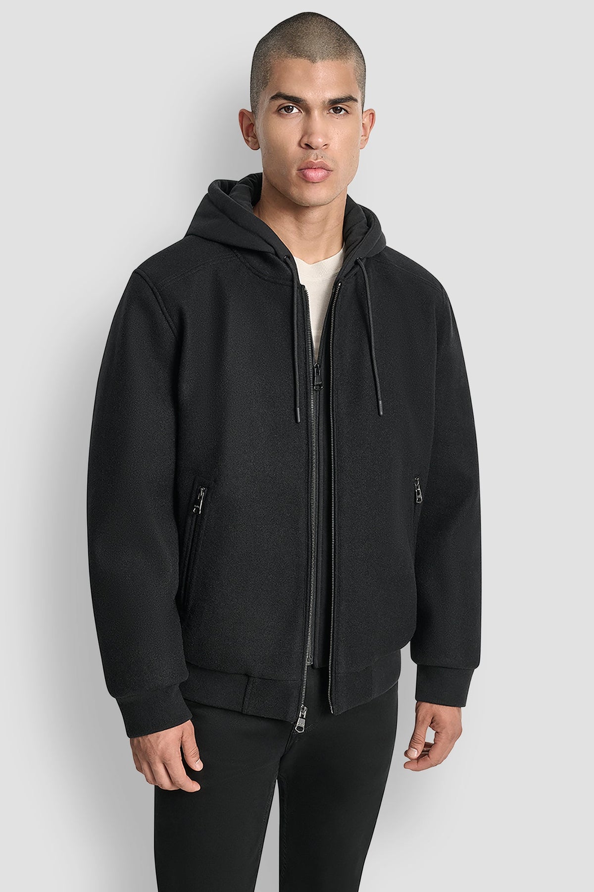 DKNY Faux Wool Bomber With Hooded Bib - Black
