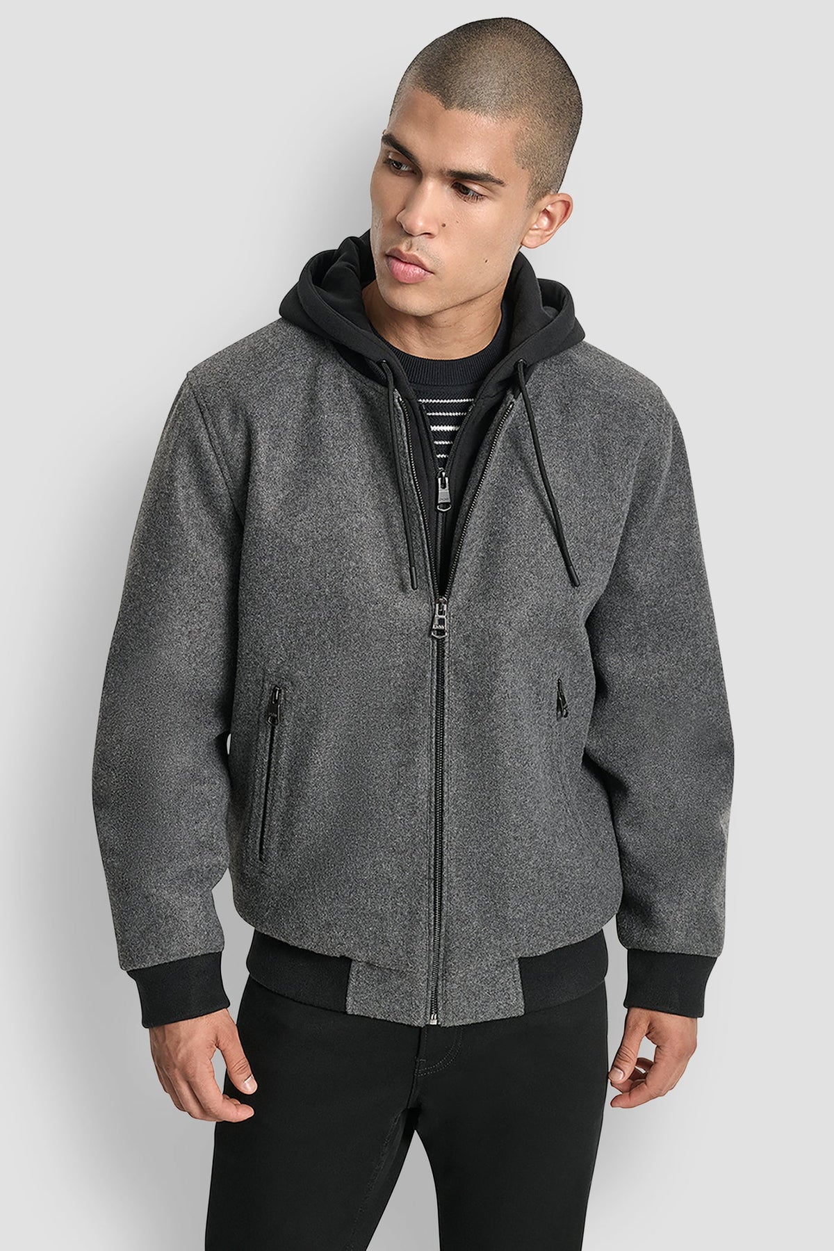 DKNY Faux Wool Bomber With Hooded Bib - Grey